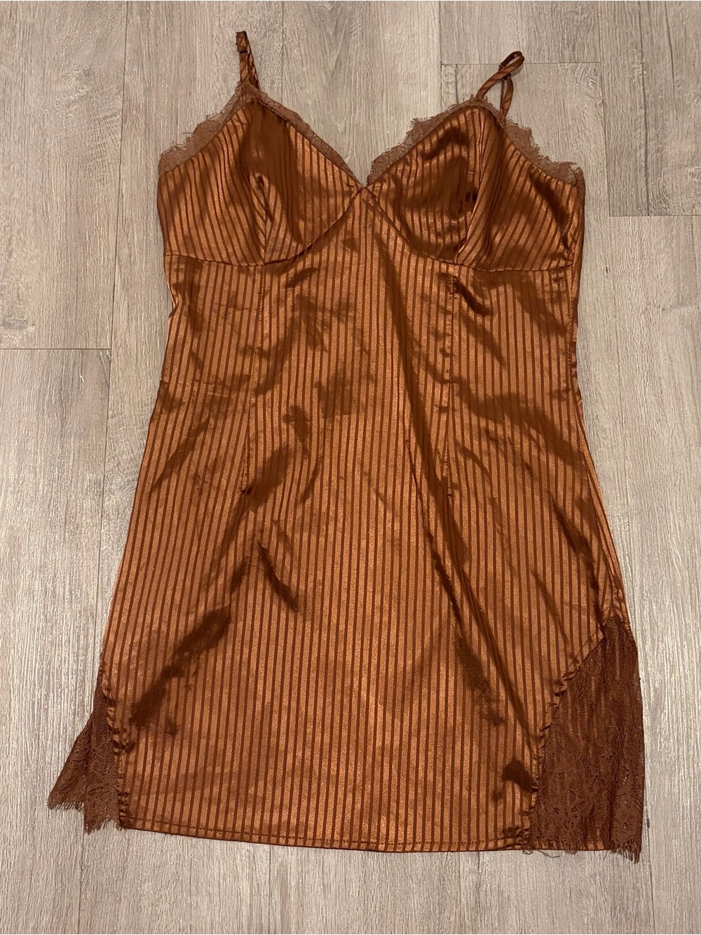 Satin Lace Slip Dress in Copper Brown